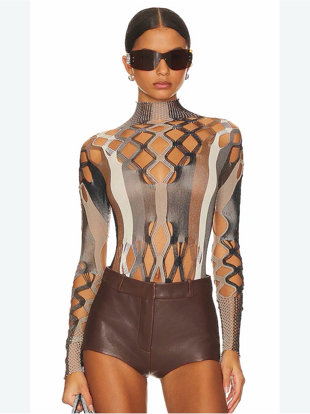 Poster Girl Sheer Geometric Knit Long-Sleeve Top in Brown and Cream